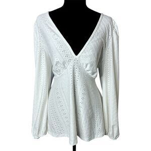 Womens White Eyelet Long Puff Sleeve Top XL Peasant Cottagecore Milkmaid Boho